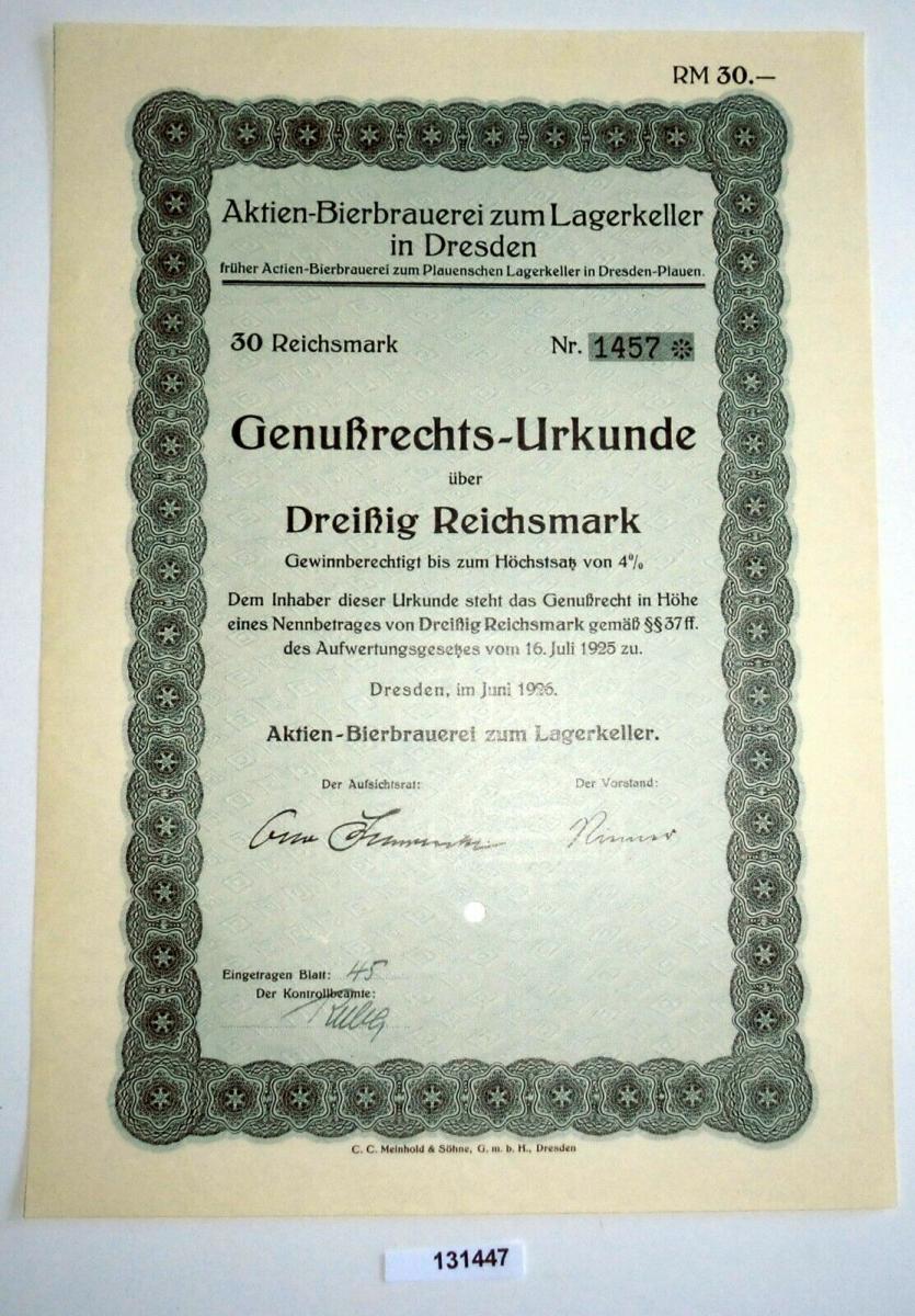 30 Rm Genussrechts Urkunde Aktien Bierbrauerei Zum Lagerkeller Dresden 131447 Nr 333582122496 Oldthing Wertpapiere Brauereien Alkohol