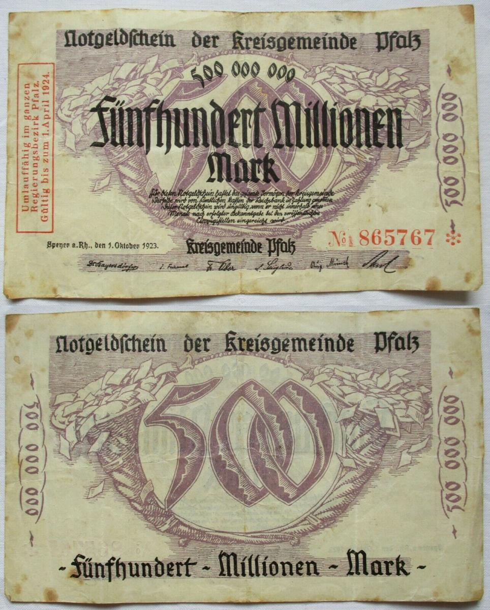 500 Millionen Mark Banknote Notgeld Kreisgemeinde Pfalz