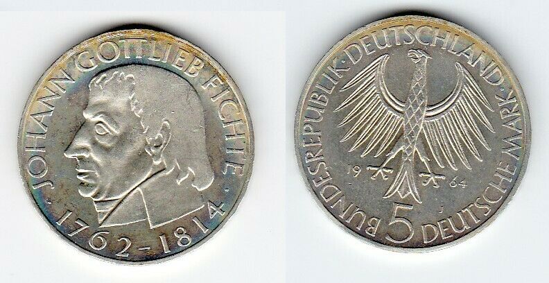 5 Mark Silber Munze Deutschland Johann Gottlieb Fichte 1964 J Nr Oldthing Brd Dm Gedenkmunzen