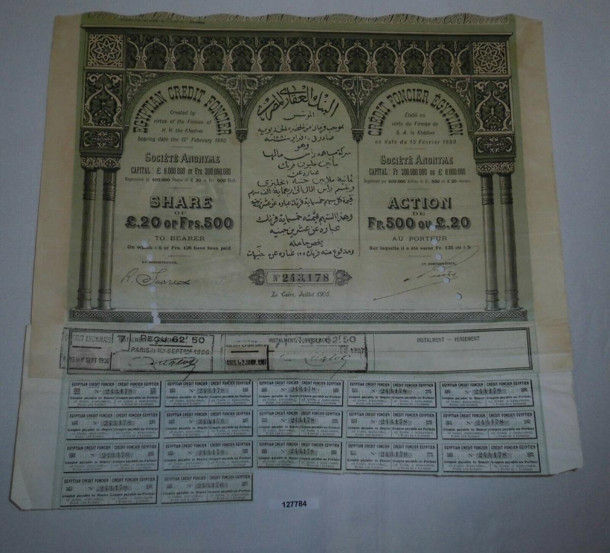 20 Pfund 500 Franc Aktie Egyptian Credit Foncier Caire Kairo Juli 1905 127784 Nr 233671913611 Oldthing Wertpapiere Sonstige