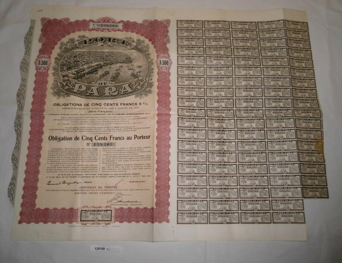 500 Franc Aktie Port Of Para Brasilien New York 1909 Nr Oldthing Wertpapiere Sonstige