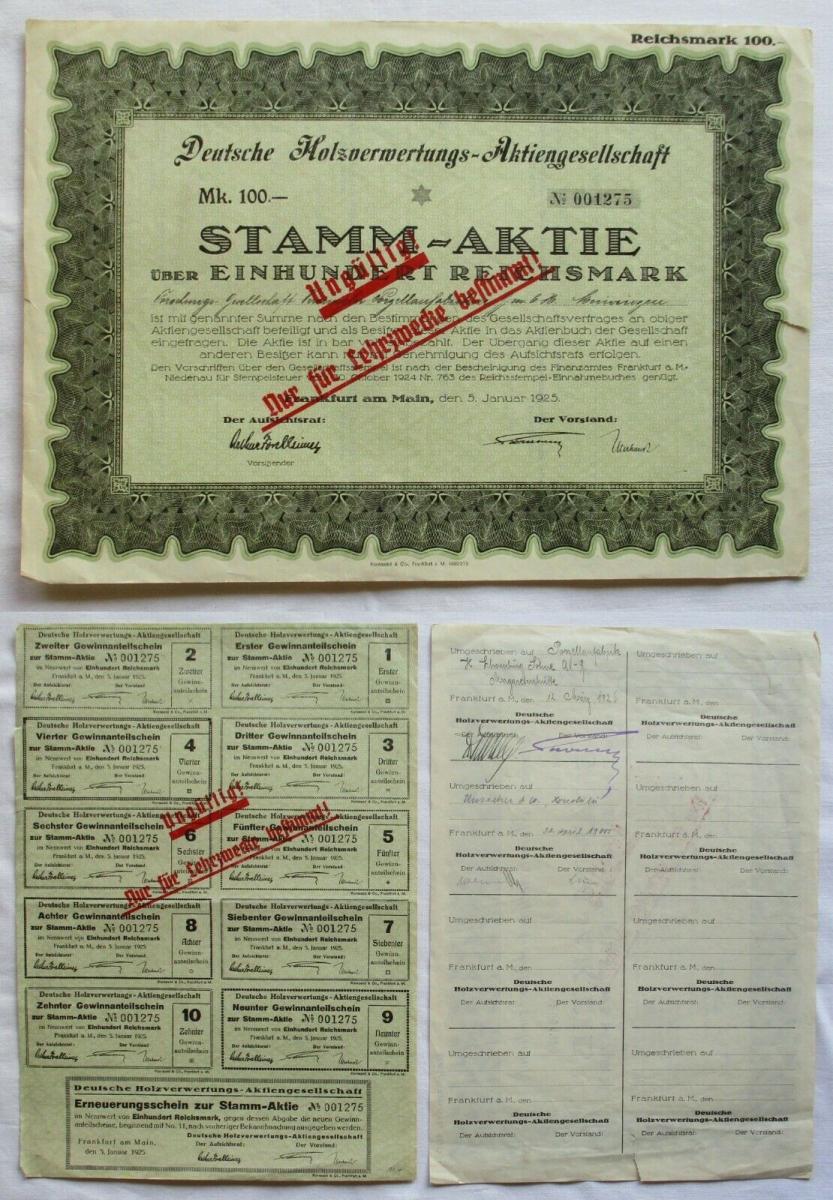 100 Reichsmark Aktie Deutsche Holzverwertungs Ag Frankfurt Am Main 1925 Nr Oldthing Papiergeld Deutschland Sonstige