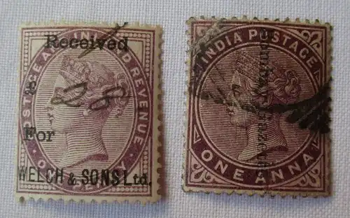 2 seltene alte Briefmarken Indien gestempelt (108844)