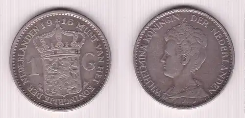 1 Gulden Silber Münze Niederlande 1916 (155275)