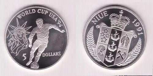 5 Dollar Silber Münze Niue 1991 Fussball WM USA 1994  (155433)