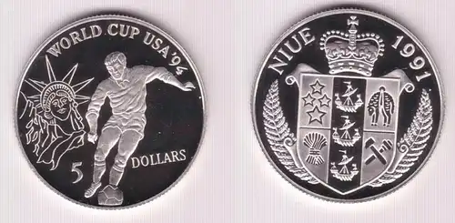 5 Dollar Silber Münze Niue 1991 Fussball WM USA 1994  (155411)