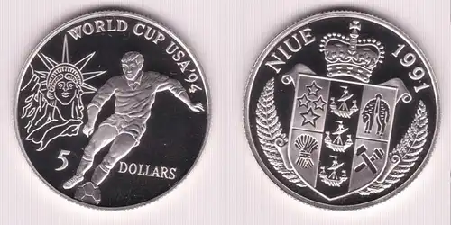 5 Dollar Silber Münze Niue 1991 Fussball WM USA 1994  (155259)