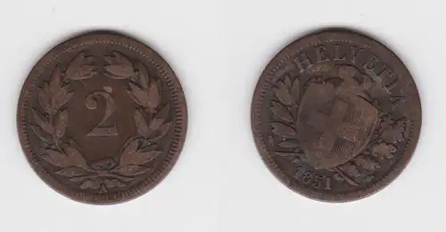 2 Rappen Kupfer Münze Schweiz 1851 A s/ss(154388)