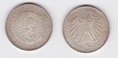 5 Mark Silber Münze Deutschland Gottfried Wilhelm Leibniz 1966 D (123006)