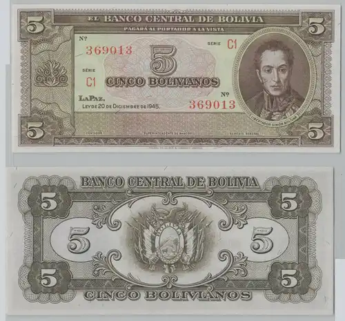 5 Bolivianos Banknote Bolivien Bolivia 1945 P138d UNC (147020)