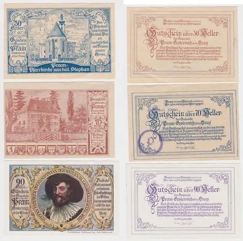 30,70 und 90 Heller Banknoten Notgeld Gemeinde Pram ob der Enns 1920 (154487)