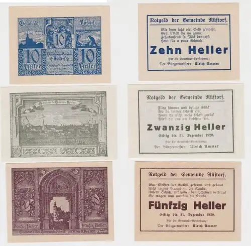 10,20 und 50 Heller Banknoten Notgeld Gemeinde Rüstorf 1920 (154626)