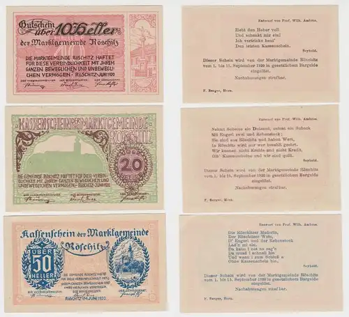 10,20 und 50 Heller Banknoten Notgeld Marktgemeinde Röschlitz 1920 (154585)