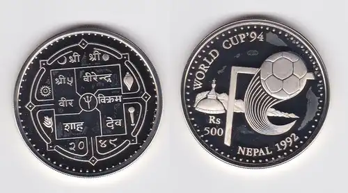 500 Rupien Silber Münze Nepal 1992 Fussball WM USA 1994 PP (159783)