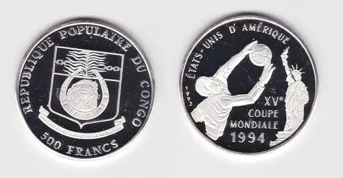 100 Francs Silbermünze Kongo Congo Fussball WM USA 1994, 1992 PP (159840)