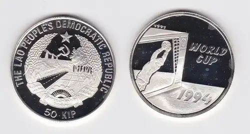 50 Kip Silbermünze Laos Fussball WM USA 1994, 1991 PP (159677)