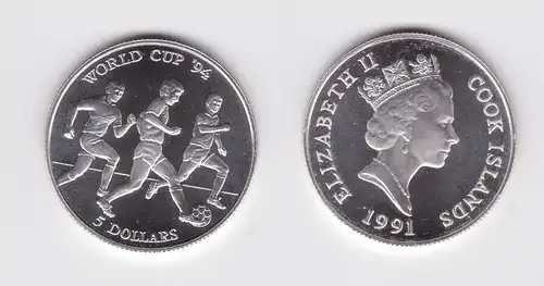 5 Dollar Silbermünze Cook Inseln 1991 Fussball WM USA 1994 (159171)
