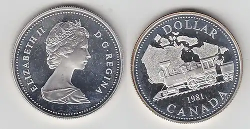 1 Dollar Silbermünze Kanada Dampflokomotive vor Landkarte von Kanada 1981(115538