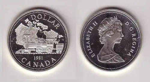 1 Dollar Silbermünze Kanada Dampflokomotive vor Landkarte von Kanada 1981(116891