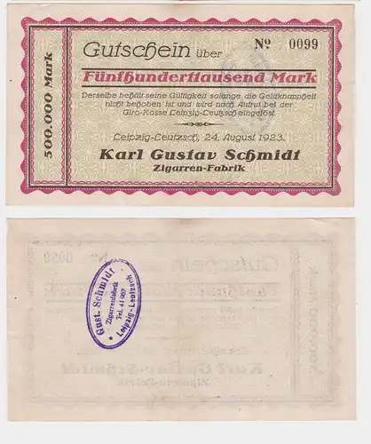 500000 Mark Banknote Leipzig Leutzsch Zigarrenfabrik Karl Gustav Schmidt(121901)