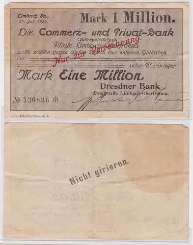 1 Million Mark Banknote Commerz & Privatbank Limbach 27.7.1923 (121731)