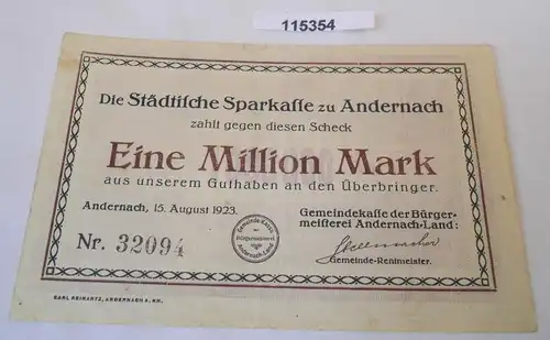 1 Million Mark Banknote Inflation Sparkasse Andernach 15.August 1923 (115354)