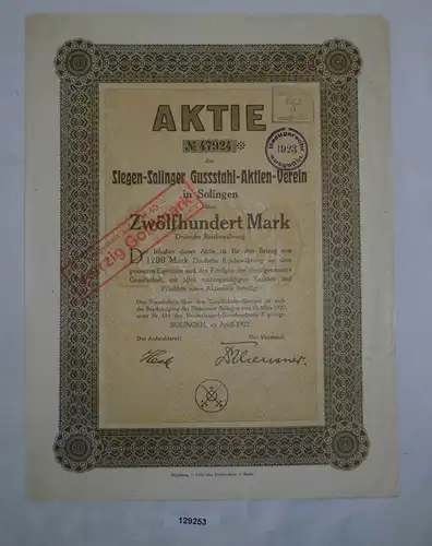1200 Mark Aktie Siegen-Solinger Gussstahl Aktien Verein April 1922 (129253)