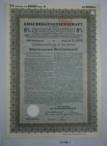 1000 Reichsmark Schuldverschreibung Emscher Genossenschaft Essen Mai1926(131893)