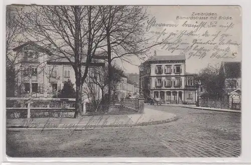 900413 Ak Zweibrücken Bismarckstrasse mit Brücke 1907