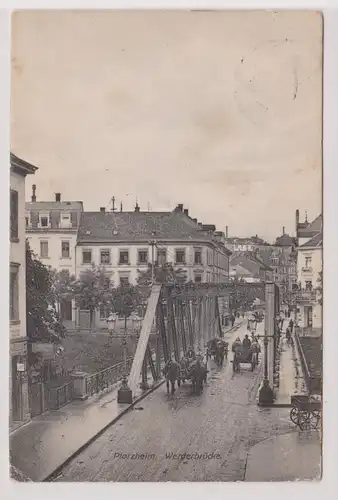 900411 Ak Pforzheim Werderbrücke mit Pferdefuhrwerken 1910