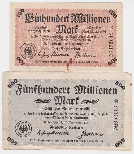100 & 500 Millionen Mark Banknoten Reichsbahndirektion Halle 1923 (120604)