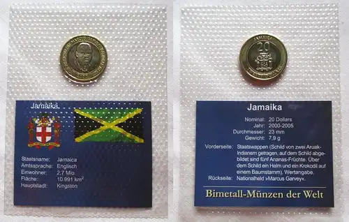 Bi-Metall Münze 20 Dollar Jamaika 2000 in TOP Erhaltung im Blister (123177)