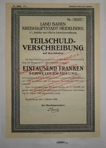 1000 Franken Schuldverschreibung Land Baden Kreishauptstadt Heidelberg (128804)
