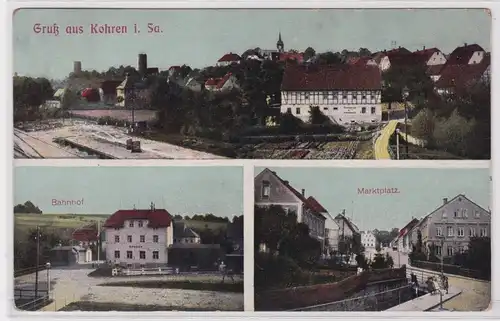 900439 AK Gruß aus Kohren - Bahnhof, Marktplatz, Restaurant, Bahnpost 1913