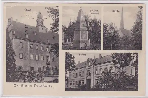 900197 AK Gruß aus Preißnitz - Schloß, Kirche, Schule, Kriegerdenkmal 1928