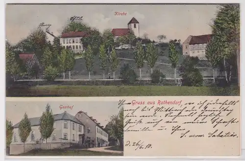 900204 AK Gruß aus Rathendorf - Gasthof, Kirche, Ortsansicht 1910