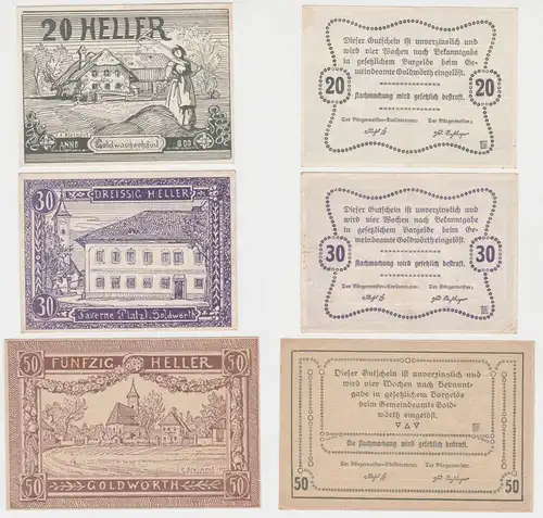 3 Banknoten 20 bis 50 Heller Notgeld Gemeinde Goldwörth (140415)