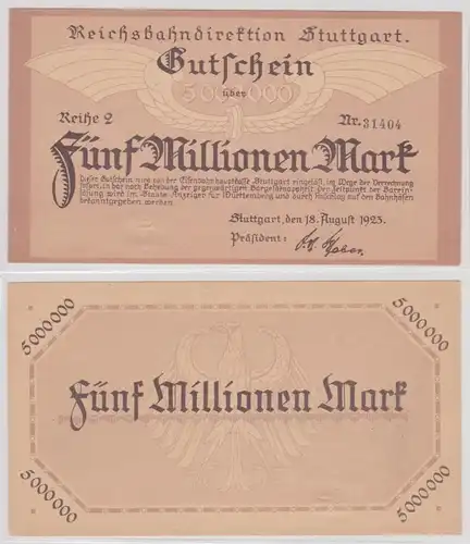 5 Million Mark Banknote Reichsbahndirektion Stuttgart 18.08.1923 (154548)