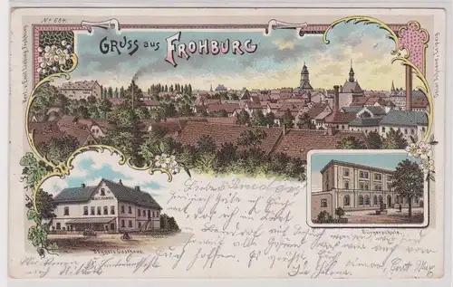 34537 Ak Lithographie Gruß aus Frohburg Böggels Gasthaus, Bürgerschule usw. 1901