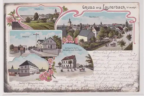 77492 Ak Lithographie Gruß aus Lauterbach bei Bad Lausick Bahnhof, Gasthof usw.