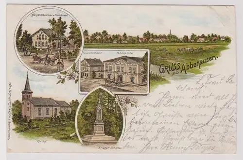 99298 Ak Lithographie Gruß aus Abbehausen Postamt, Rehmes Hotel usw.