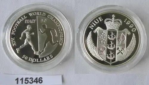 50 Dollar Silber Münze Niue Fussball Weltmeisterschaft Italien 1990 (115346)