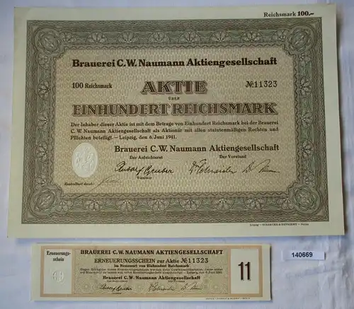 100 Reichsmark Aktie Brauerei C.W. Naumann AG Leipzig 6.Juni 1941 (140669)