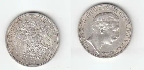 3 Mark Silber Münze Preussen Kaiser Wilhelm II 1910 (113851)