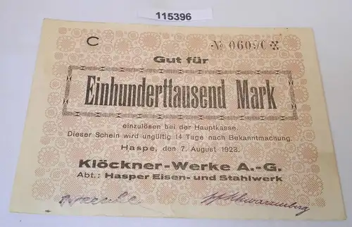 100000 Mark Banknote Inflation Stadt Haspe Klöckner Werke AG 7.8.1923 (115396)