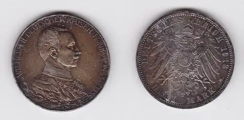 3 Mark Silber Münze Preussen Kaiser Wilhelm II in Uniform 1913 (124353)