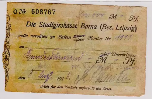 Firmenscheck 100000 Mark Banknote Stadtgirokasse Borna 3.8.1923 (120727)