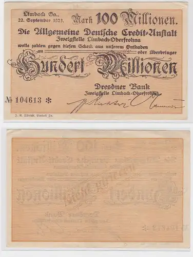 100 Millionen Mark Banknote allg. dt. Credit Anstalt Limbach 22.9.1923 (121491)