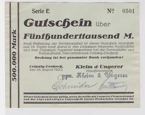 500000 Mark Banknote Leipzig Leutzsch Maschinenfabrik Kleim & Ungerer (122606)