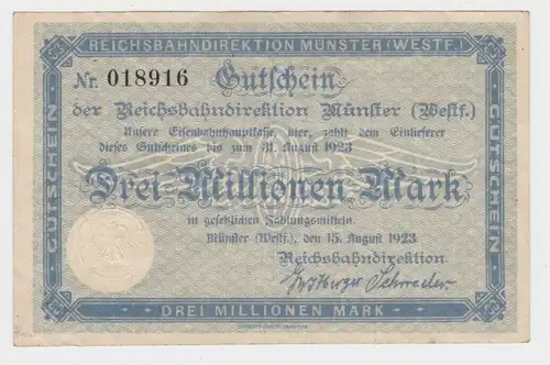 3 Millionen Mark Banknote Reichsbahndirektion Münster Westf. 15.8.1923 (153932)